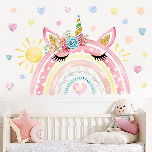 wondever Stickers Muraux Enfants Fille Arc en Ciel Grand Autocollants Muraux Mural Stickers Licorne Arc en Ciel Soleil pour Fille Chambre Enfants Bébé...