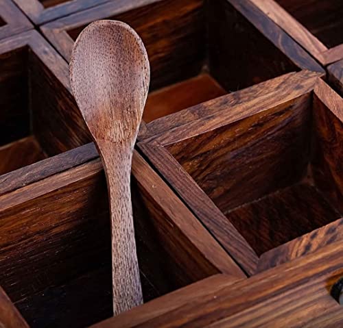 Image of WoodCity Wooden Glass Spice Box With Antique Lock Table In 9 Section Wooden Spice Rack Organizer and Masala Dabba Wooden Style Spice Storage Box