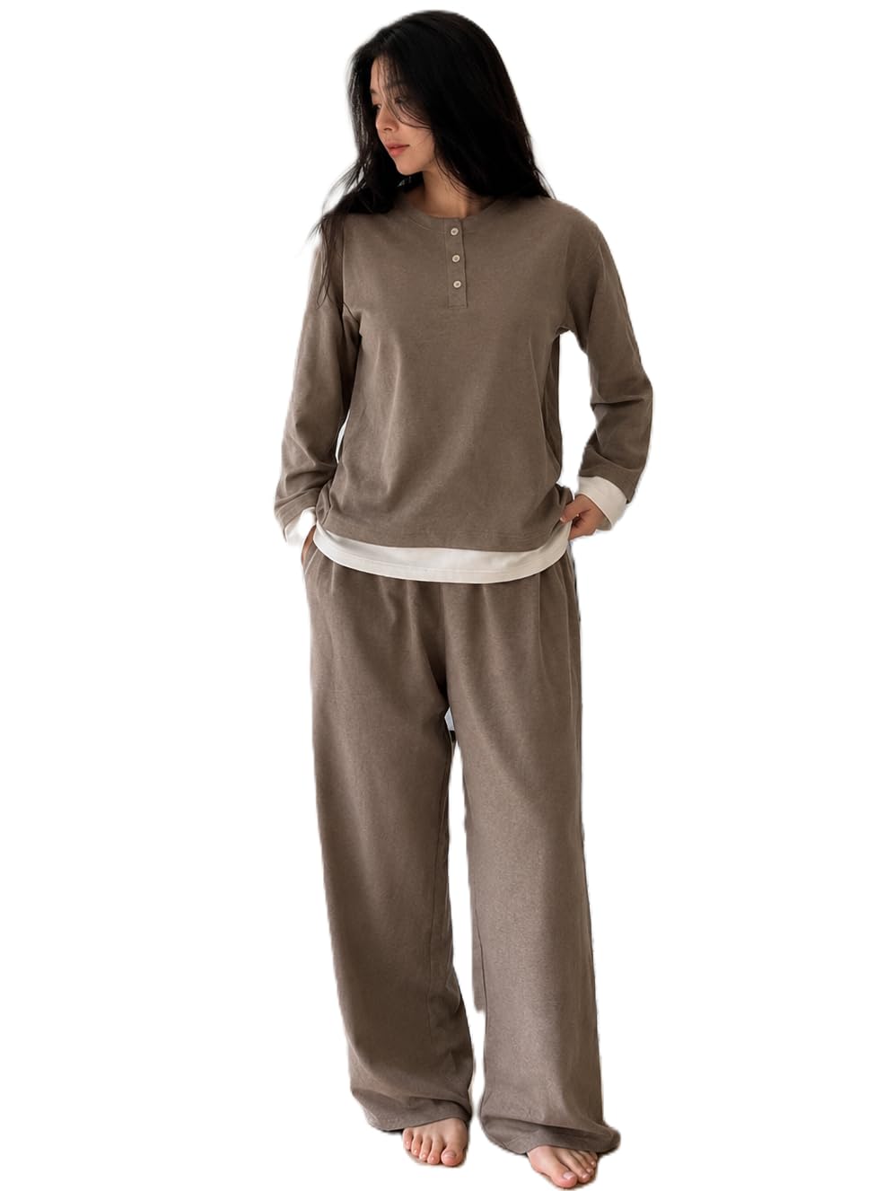 Loungewear Set for Women | Casual Henley Neck Nightwear | Soft Knit Long Sleeve Sleepwear 2 Piece Sets | Comfortable Loose Fit Tracksuit & PJs(36-N-1-4)-image-12
