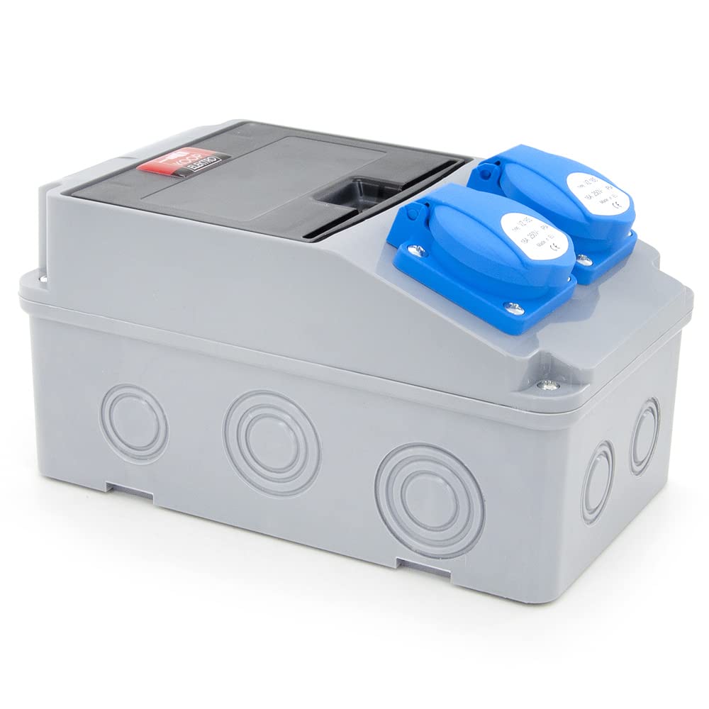 Distributore di corrente da costruzione cablato con fusibili e prese Schuko 2 x 230 V + 2 interruttori di circuito C16 1 polo, IP54, per interni ed esterni
