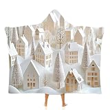 Navidad Manta con Capucha Suave y Acogedora,Sudadera con Capucha, Pueblo invernal recortado en papel Manta de Franela para Mujer, Hombre y Adulto para el hogar, trabajo de oficina 130 × 150 cm