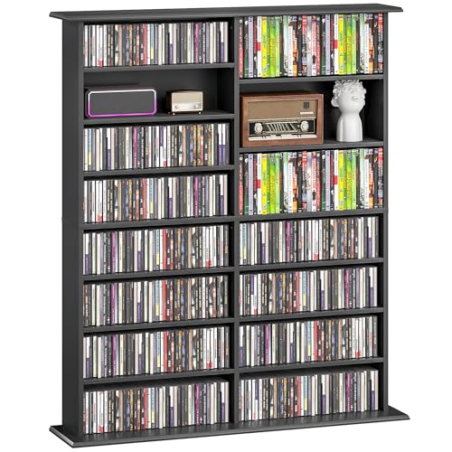 HOMCOM - Almacenamiento para CD y DVD, mueble de almacenamiento multimedia, capacidad máx. 720 CD/396 DVD y Blu-Ray, 16 compartimentos y 12 estantes ajustables, para sala de estar, dormitorio, 106,5 x