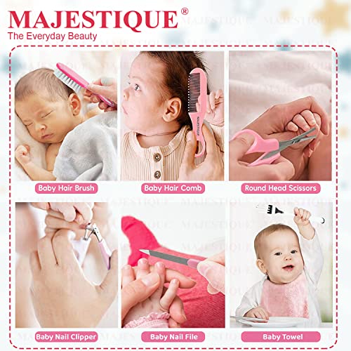 Image of Majestique Baby Grooming Set - Baby Hair Brush, Comb, Nail Clipper, Nail File and Soft Baby Towel, Baby Products for New Born Baby Gifts Toddlers Infant Girl Boys Keep Clean (7 in 1 Pink)