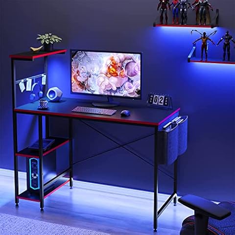 Bestier Computer Desk with Shelves Small Corner Desk with LED Lighting 113CM Reversible Computer Desk Writing Table with Side Pocket Storage Bag & Accessories Hanger for Home Office Small Space Cover
