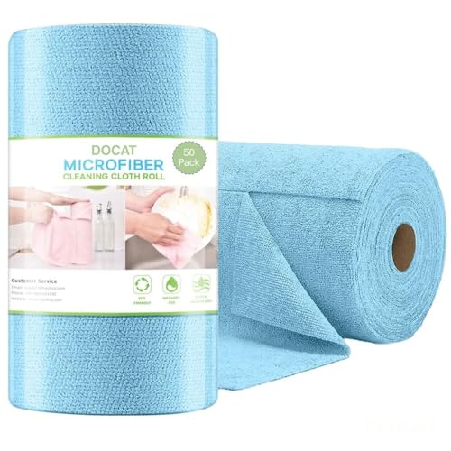 Image of DOCAT Microfiber Cleaning Cloth Roll 25x25 cm, Reusable and Washable Tear-Away Kitchen Towel Roll, Very Soft Cleaning Cloths for Home, Kitchen, Office, Electronics, Car Cleaning (Blue, 50 Pack)