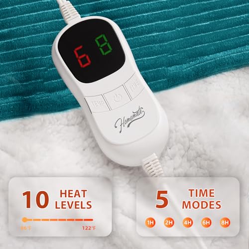 Image of Homemate Heated Blanket Electric Throw - 50 inchx60 inch Heating Blanket Throw 1 /2 /4 /6 /8 Hours Auto-Off 10 Heat Levels Over-Heat Protection Soft Flannel Sherpa ETL Certification