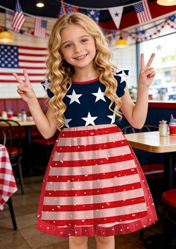 Image of Girls 4th of July Dress American Patriotic Outfit USA Independence Day Clothes Flutter Sleeve Tulle Tutu Dress 5-14y