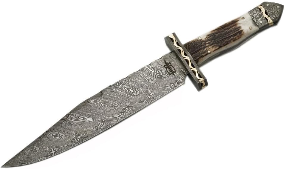 BucknBear Custom Handmade Damascus Big Game Hunter Bowie Fixed Blade Knife (Stag handle)