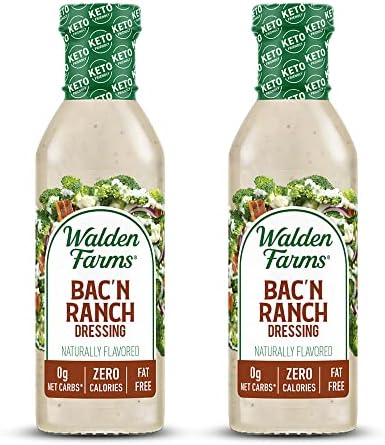 Walden Farms Bac’n Ranch Dressing – Low Carb, Calorie-Free, Gluten-Free, Keto-Friendly, Sugar-Free, Fat-Free, Dairy-Free Smoky Bacon Ranch Flavor – 2-Pack, 12 oz Bottles