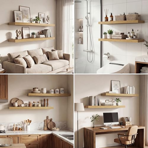 Image of Dreamland 20 Inches Floating Shelves for Wall, 9.3 inch Deep Long Floating Shelves Set of 2, Large Display & Storage Shelf, Wall Shelf for Bathroom Bedroom Living Room Kitchen Office, Oak