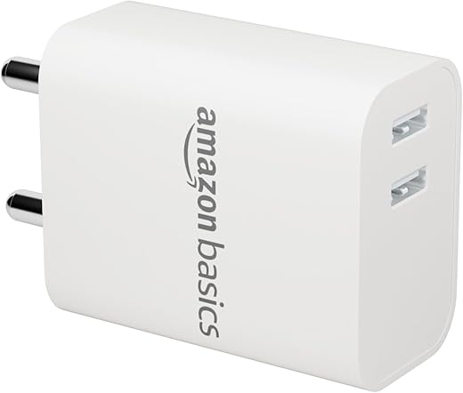 Amazon Basics 12W Dual Port Fast Charger | 12W Max Output | Includes 1 m Type C Cable | Universal Compatibility