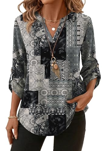 Image of XIEERDUO 3 /4 Length Sleeve Womens Tops V Neck T Shirts Both Side Buttons Blouses Business Casual Outfits Loose Fit