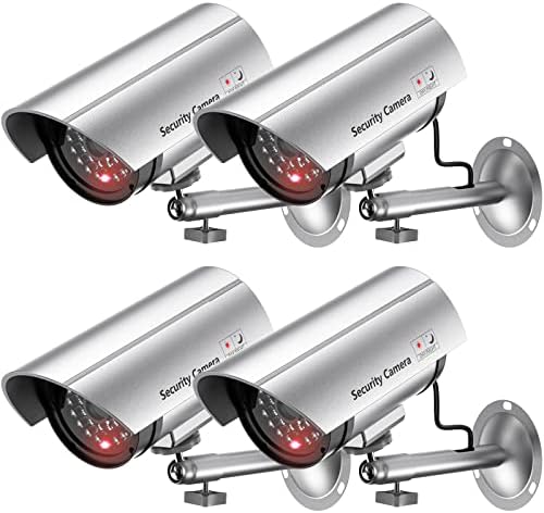WALI Bullet Dummy Fake Surveillance Security CCTV Dome Camera Indoor Outdoor with one LED Light Warning Security Alert Sticker Decals (TC-S4), 4 Packs, Silver