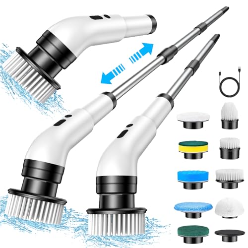 Spazzola elettrica per la pulizia, 9 in 1, spazzola elettrica per la pulizia domestica, 2 modalità, Spin Scrubber Electric Cleaning Brush con 34-130 cm, spazzola per il bagno (White)