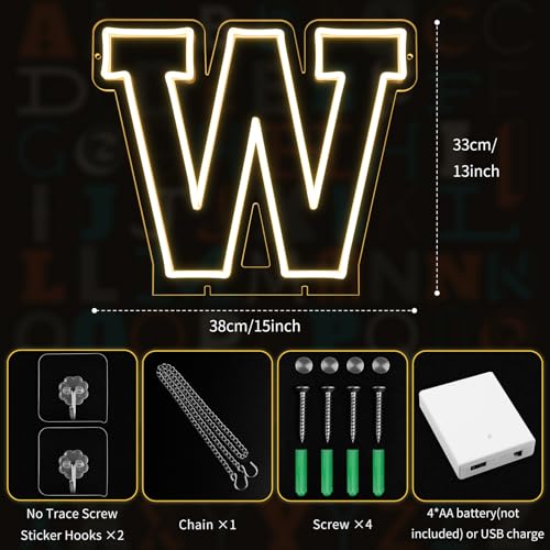 Image of Light Up Letters W, Led Marquee Letter Lights Neon Sign, 13 inch Height Decorative Lighted Alphabet Number, Battery /USB Powered Led Letters Lights for Wedding, Birthday, Party, Christmas or Home Decor