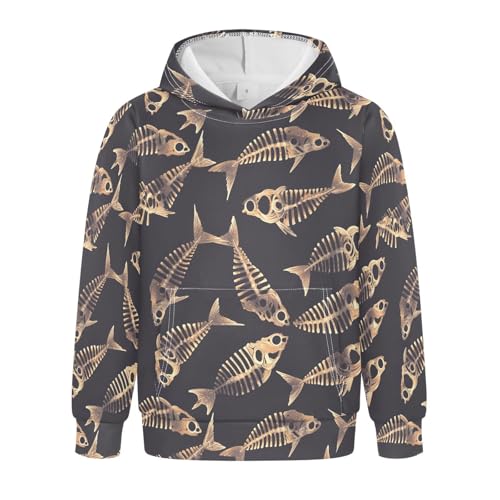 KLL Dead Fish Skeletons Boys And Girls Sweatshirts Long Sleeve Hooded Pullover Shirts with Kangaroo Pocket