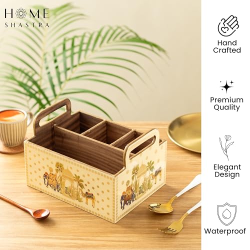 Image of Wooden Cutlery Holder with Gold Engraving | Pack of 1 | Size : 9 x 7 x 5.5 inch | Enamel Coated Waterproof | Cutlery Holder for Dining Table | (Royal Camel)