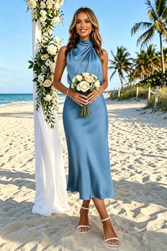 Image of Women's Satin Maxi Dress Summer Formal Wedding Guest Cocktail Dress | Mock Neck Sleeveless,Elegant Silk Midi Long Dress,High Neck,Halter,Aline,Bridesmaid,Bridal Shower Guest,Garden Party,Dinner