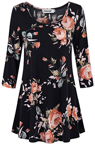 Tencole 3/4 Sleeve Shirts for Women Dressy Tunic Tops Casual Wear with Floral Black Pink