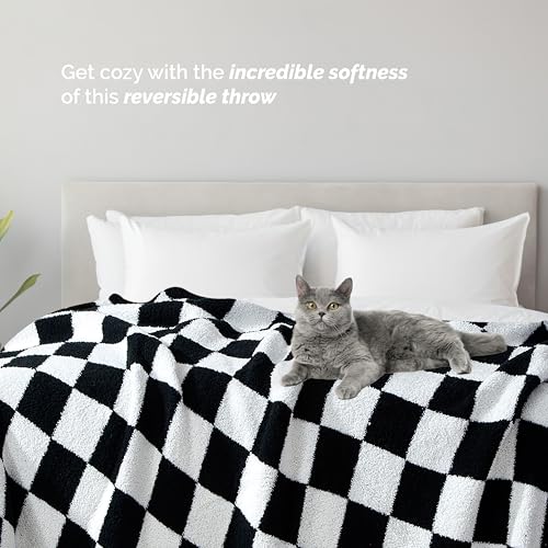Image of Elegant Comfort Checkered Throw Blanket, Black Super Soft Cozy Fluffy Warm Throw Blankets for Couch, Sofa, Chair, Bed, Camping, Picnic, Travel Lightweight Bed Blanket (50 inch x 70 inch)