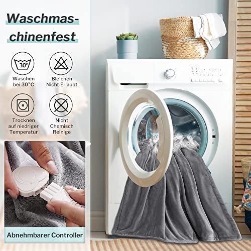 CORIWELL Wärmedecke Heizdecke mit Abschaltautomatik - 180 ×130 cm Flanell Elektrische Wärmedecke, 3 Temperaturstufen - Waschbar Heizdecke Kuscheldecke fürs Bett mit Überhitzungsschutz - Grau