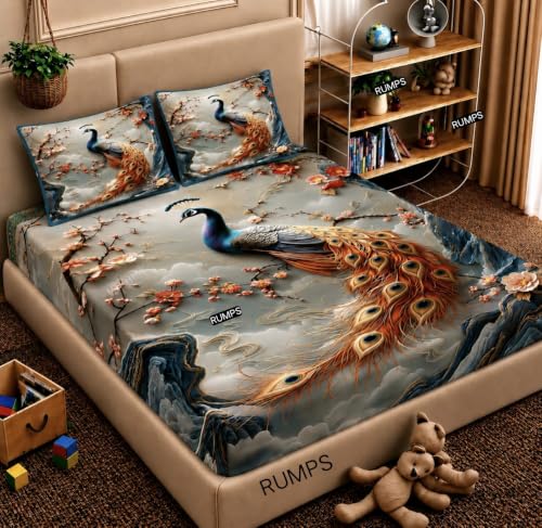 Image of RUMPS 3D Digital Printed Double Bedsheet Flat | Premium Knitted Cotton MicroFabric 90x100 Inch Bed Sheet with 2 Pillow Covers, Cute Cartoon Blue Bird (7D Digital 05)