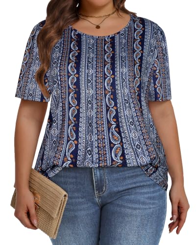 Image of Plus Size Tops for Women Summer Pleated Short Sleeve Shirts Casual Blouses