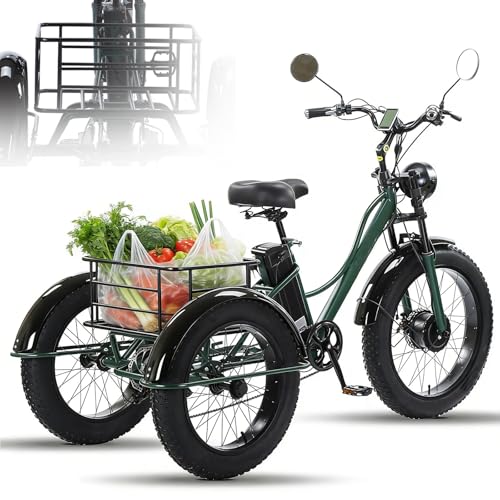 EaThsalL Elektrisches Dreirad für Senioren E Elektro 24 Zoll Klappbar Dreirad 3 Rad Elektrodreirad FüR Senioren mit Aufbewahrungskorb Höhe Einstellbare Tragfähigkeit 200kg für Besorgungen Green