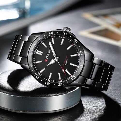 Image of CURREN New Model Brand Light Up Dial Male Analog Watch Simple 43mm Big Dial Stainless Steel Strap Waterproof 3ATM Men's Clock 8452, BLACK, Modern