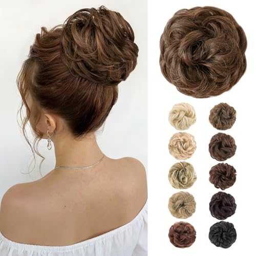 MORICA 1PCS Messy Bun Hair Piece for Women,Darkest Brown Mixed Light Auburn