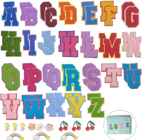 Morcheiong 52Pcs Self Adhesive Chenille Letter Patches A-Z, Iron On Letters  For DIY