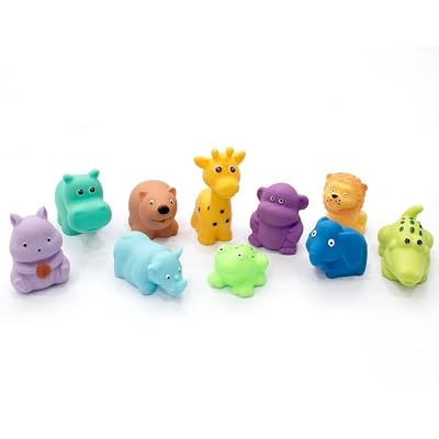 Amazon Brand - Jam & Honey Baby Bath Toy Set of 10 for Toddlers I Colorful Combo of Jungle Animals I Floating Bath Chuch