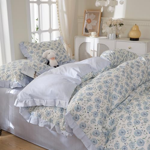 MKXI Full Size Blue Floral Comforter Set, 3-Piece Ruffled Lace