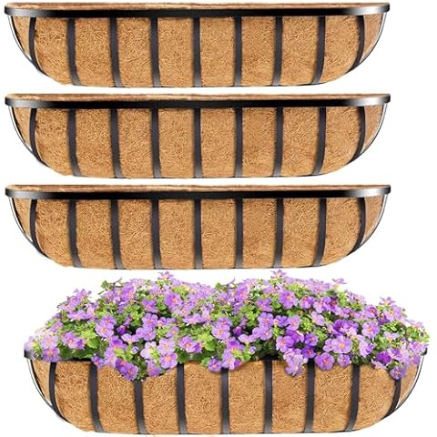 HFHOME 4 Pcs 24" Window Box Deck Railing Planter with Horse Trough Coco Liners, Black Metal Hanging Flower Planters Baskets for Indoor, Outdoor, Balcony, Porch, Fence, Patio, and Lawn Cover