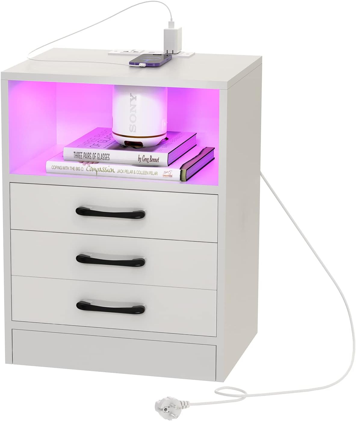 PIPIPOXER Nachttisch Weiß Hochglanz - 2 Schubladen Mit LED Beleuchtung