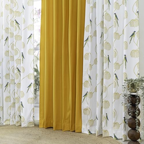 Image of Tranquebar Curtain Co. Window Curtains 5 Feet, 60-65% Room Darkening,Blue Bird Print, Cotton Curtains for Window,Cotton Curtains 5 Feet Set of 3, BackTab Loops, Mithu Yellow Combo (152 cm) - Set of 3