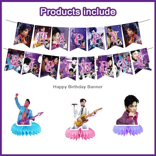 Image of Prince Singer Party Decorations, Rock Singer Theme Birthday Banner Honeycomb Centerpieces Hanging Swirls Party Latex Balloons for Fans Birthday Baby Shower Party Supplies