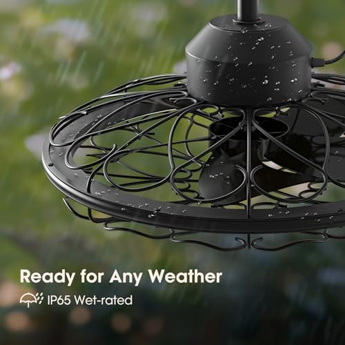 20 Outdoor Ceiling Fan, IP65 Waterproof Gazebo Fan with Light, Remote Control,6 Speeds,3CCT, Plug in Caged Ceiling Fan with Hanging Hook for Patio, Porch, Canopy