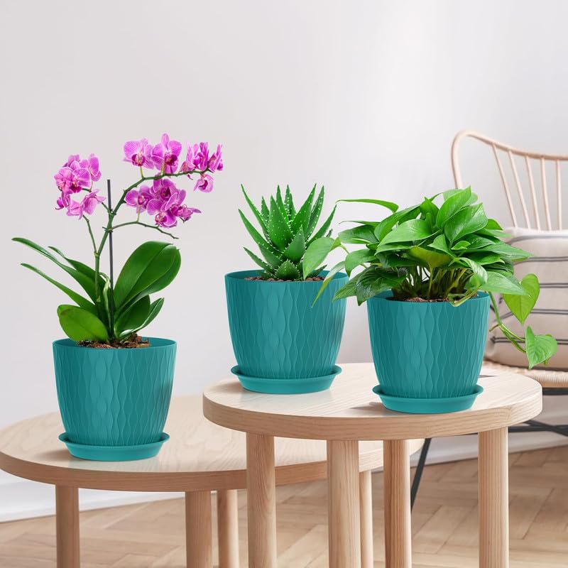 Image of StyleX Store Plastic Round Flower Pots With Drainage Hole Saucers | Durable Outdoor Indoor Wave Pattern Planters with Tray | Plant Container for Garden, Office, Balcony and Home (Set of 5, Blue Green)