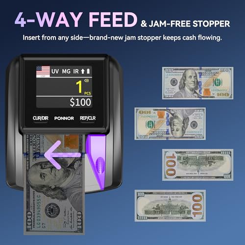 PONNOR AL-135T Counterfeit Bill Detector Money Checker Machine with 3\" Digital Screen, Total Value Add Function, 4-Way Orientation & Pass/Fail Indicator Mode, Compatible with USD/EUR/CAD/MXN