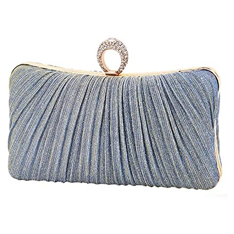 iWish Womens Blue Glitter Clutch Purse Pleated Evening Bag for Bridal Wedding Party with Rhinestone Ring Cover