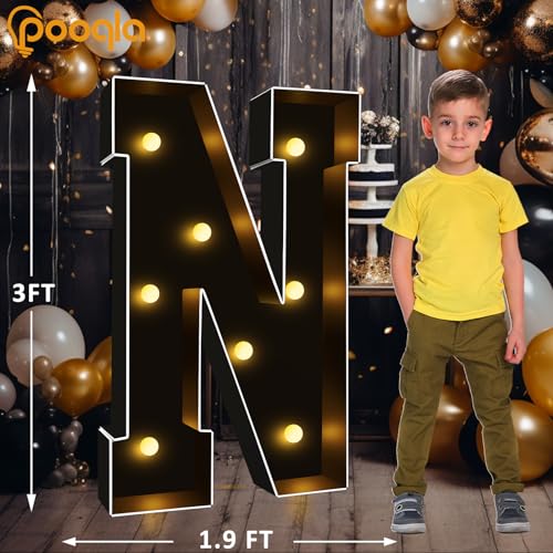 Image of Pooqla 3FT Marquee Light Up Letters, Black Large Letter N Party Decorations | LED Marquee Letters 3 Feet Tall, Black Giant Mosaic Letters Gift for Boys Men Birthday Anniversary Wedding Decoration