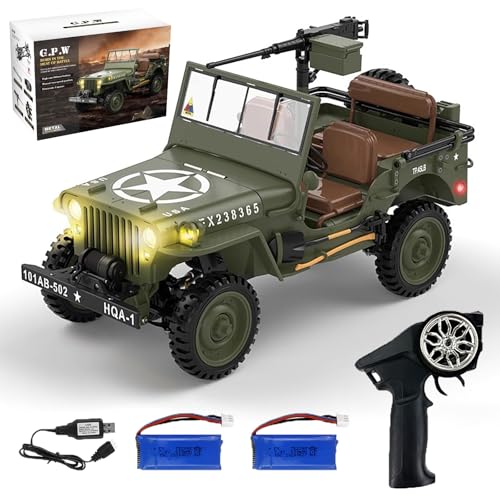 Image of Hylukon 1:14 Scale Military Remote Control Car RC Crawler, 2.4G 4WD Off-Road Jeep RC Truck with LED Lights and Sound Effects, Rock Climbing Vehicle for Teens Adults (Green 2 Batteries)