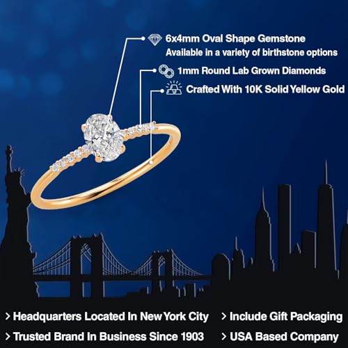 Gem Stone King 10K Yellow Gold 6X4MM Oval Gemstone Birthstone and White Lab Grown Diamond Engagement Ring | Wedding Anniversary Promise Gold Ring For Women | Available In Size 5-92