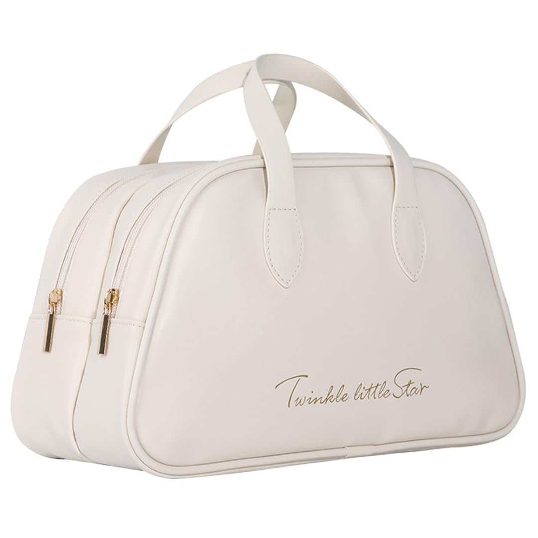 Travel Makeup Bag, Cosmetic Toiletry Bags,Large Capacity, Waterproof Portable Pouch Open,Leather Make Up Case Organizer with Divider and Handle, Fit for Women,Girls, Car Travel, Suitcase(Wihte)