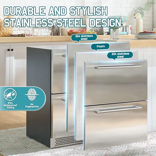 Image of Albott 24 Inch Under Counter Drawer Fridge, Dual-Zone Beverage Refrigerator | Stainless Steel Design, LED Touch Control, Adjustable Storage, Frost-Free, Low Noise, 34℉-68℉, -0.4℉ to 32℉