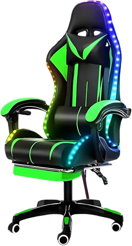 Cadeira Gamer Ergonômica, LED RGB, Reclinável, Giratória 360°, Apoio para Pés, Preta e Verde, 127cm Altura