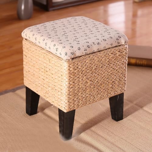 Banco de almacenamiento de mimbre para exteriores, con tapa de bandeja reversible, banco otomano de almacenamiento con asiento acolchado, taburete otomano para pie de cama, sala de estar