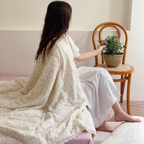 Image of BuLuTu Muslin Cotton Full /Queen Bed Quilts for Kids Teens Vintage Boho Comforter with Lace Edges Soft Thin Comforter Rabbit Floral Quilted Blankets, 79 inchx90 inch, No Pillowcases