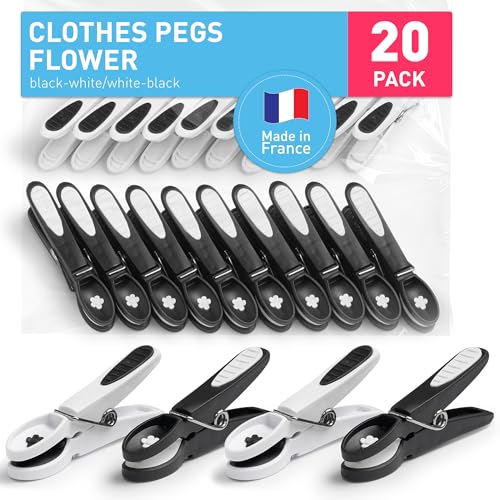 culiclean Clothes Pegs for Washing Line – Strong Soft Grip Washing Pegs Flower – Durable Plastic Laundry Peg for Indoor, Outdoor Use – Heavy Duty Clothes Clips – 20 Pack – black-white/white-black
